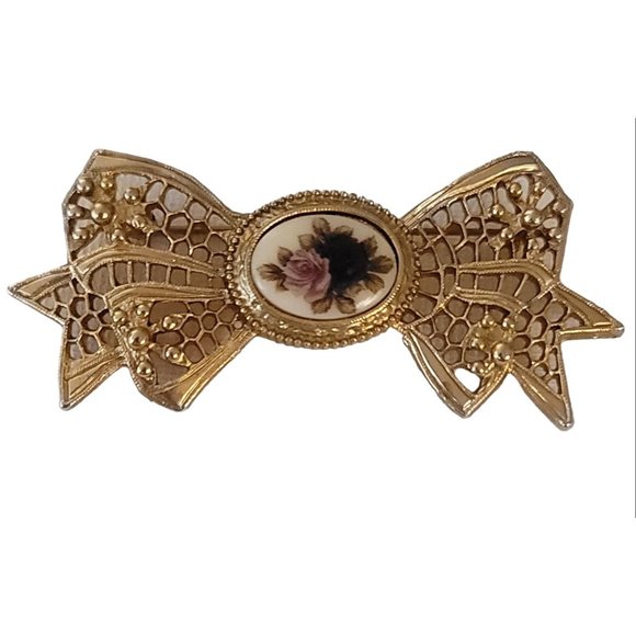 1928 Brand Gold Tone Roses Bow Pin Brooch K669 - Picture 9 of 9